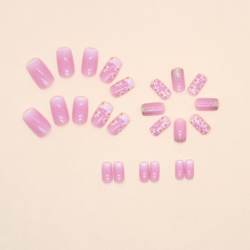 Vopintpy White Flower French Tip Press on Nails Square Medium Length Fake Nails Pink Gradient False Nails with Glitter Design Glossy Full Cover Artificial Nails Reusable Stick on Nails Glue on Nails for Women - Image 3